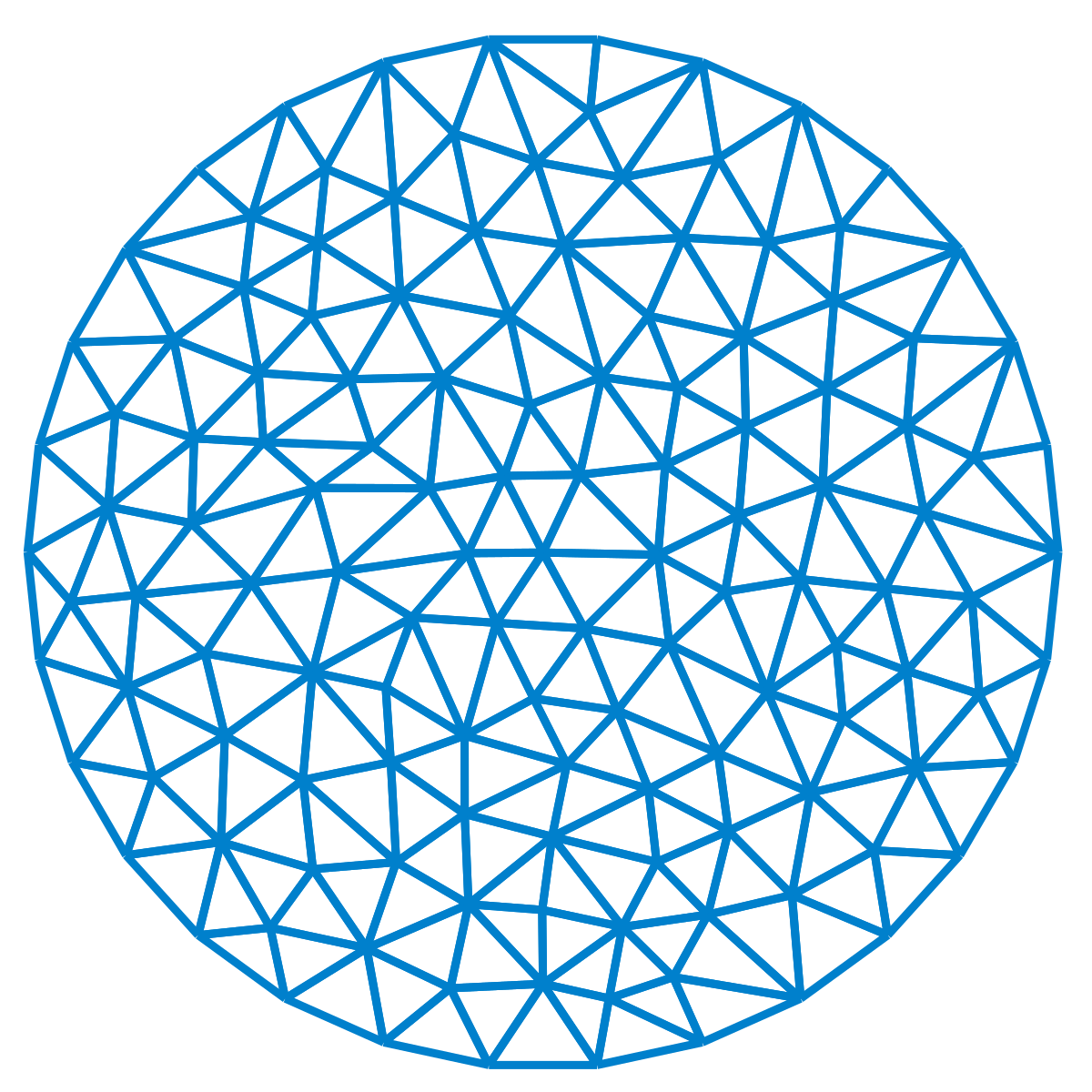 Example triangular finite element mesh, showing how a continuous domain is discretized into a network of elements meeting at nodes.